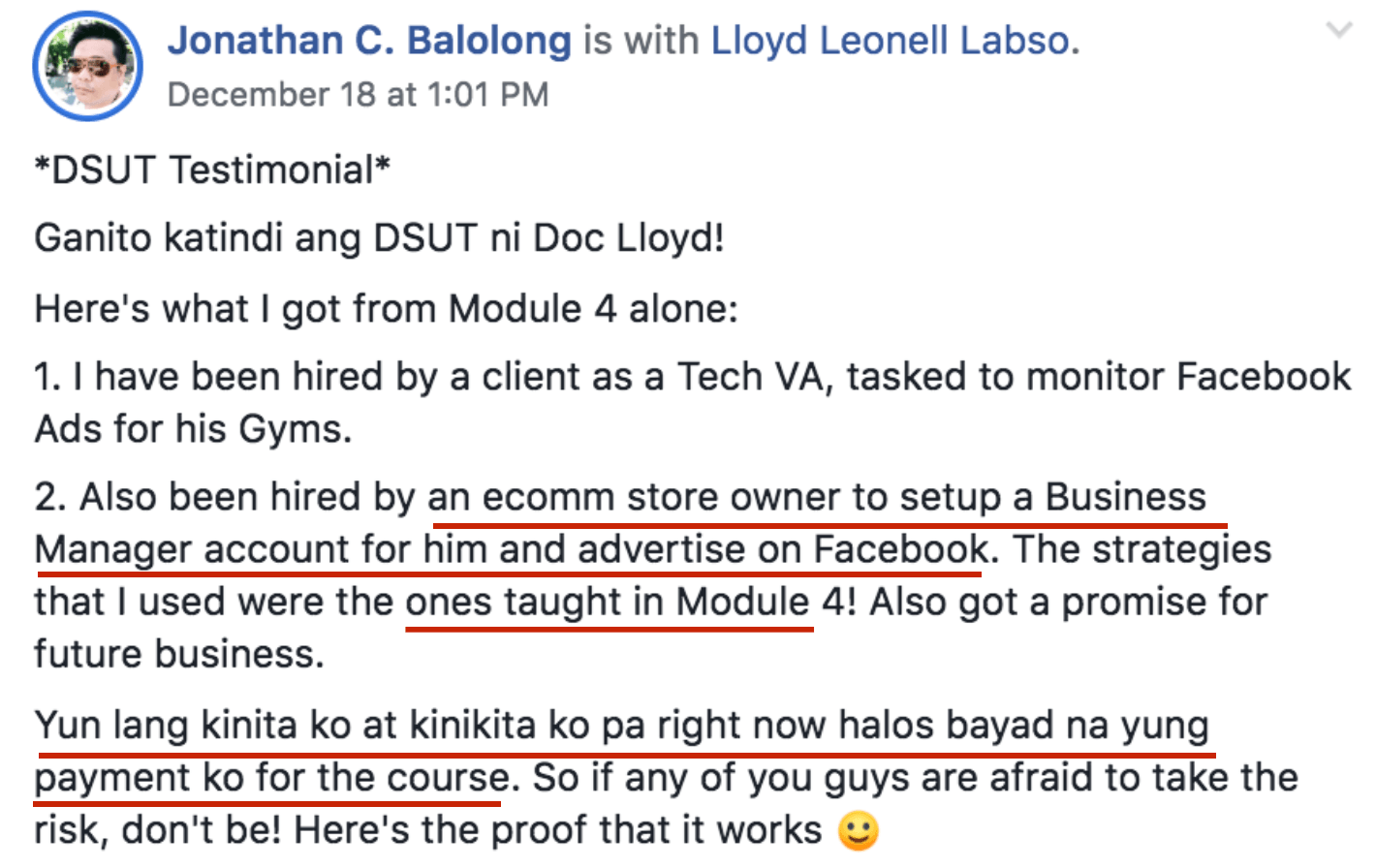 Jonathan Balolong Testimonial
